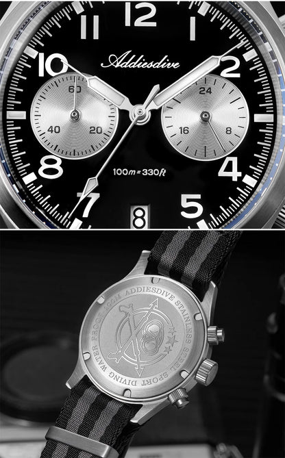 ADDIESDIVE 2025 New Panda Eye Men's Watches Retro Luxury VK64 Quartz Watch For Men Sport Chronograph 100M Waterproof Luminous