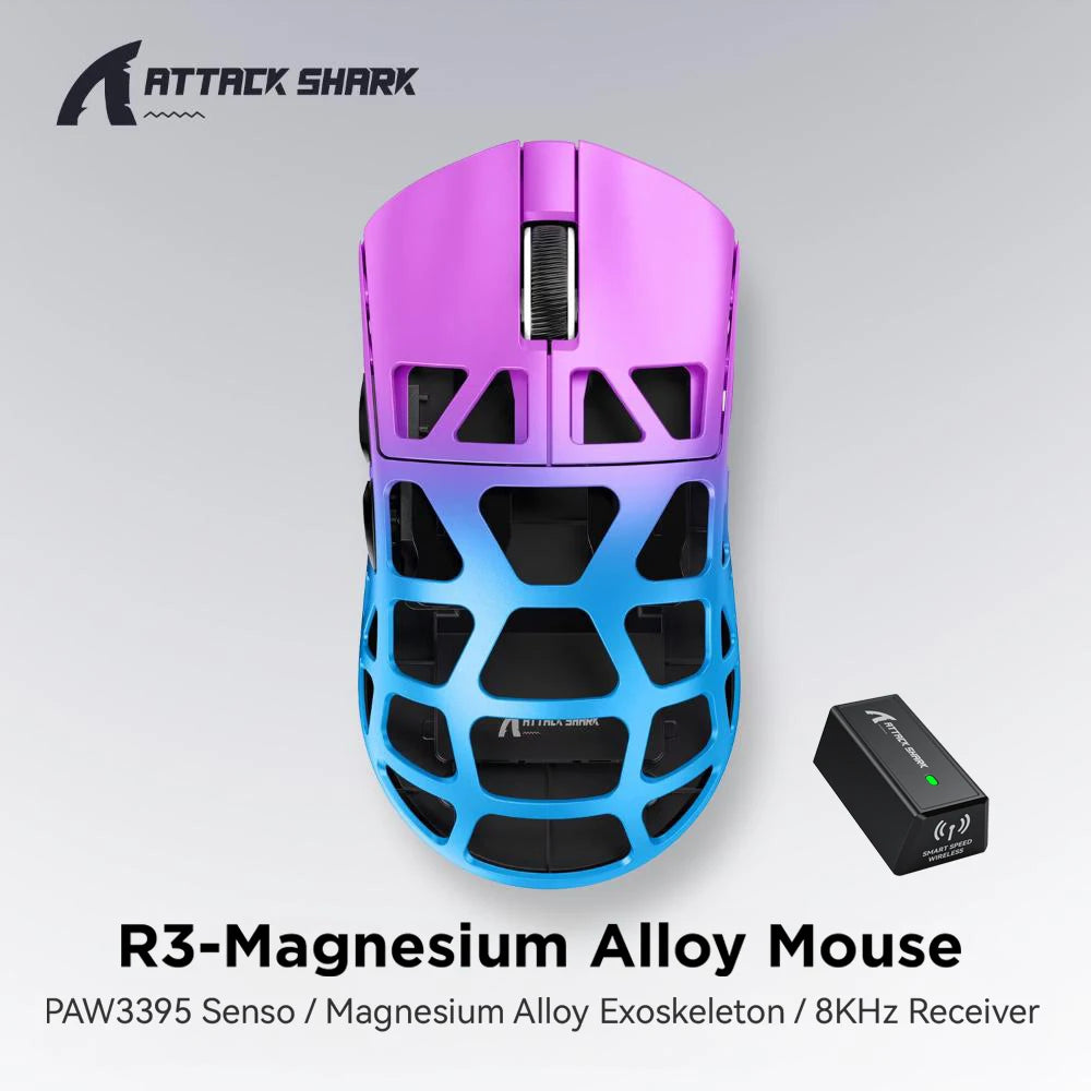 Mouse gaming ATTACK SHARK R3 din aliaj de magneziu cu design tip fagure, ultra-ușor, 8K Hz, senzor PAW3395, 26000 DPI, carcasă ergonomică
