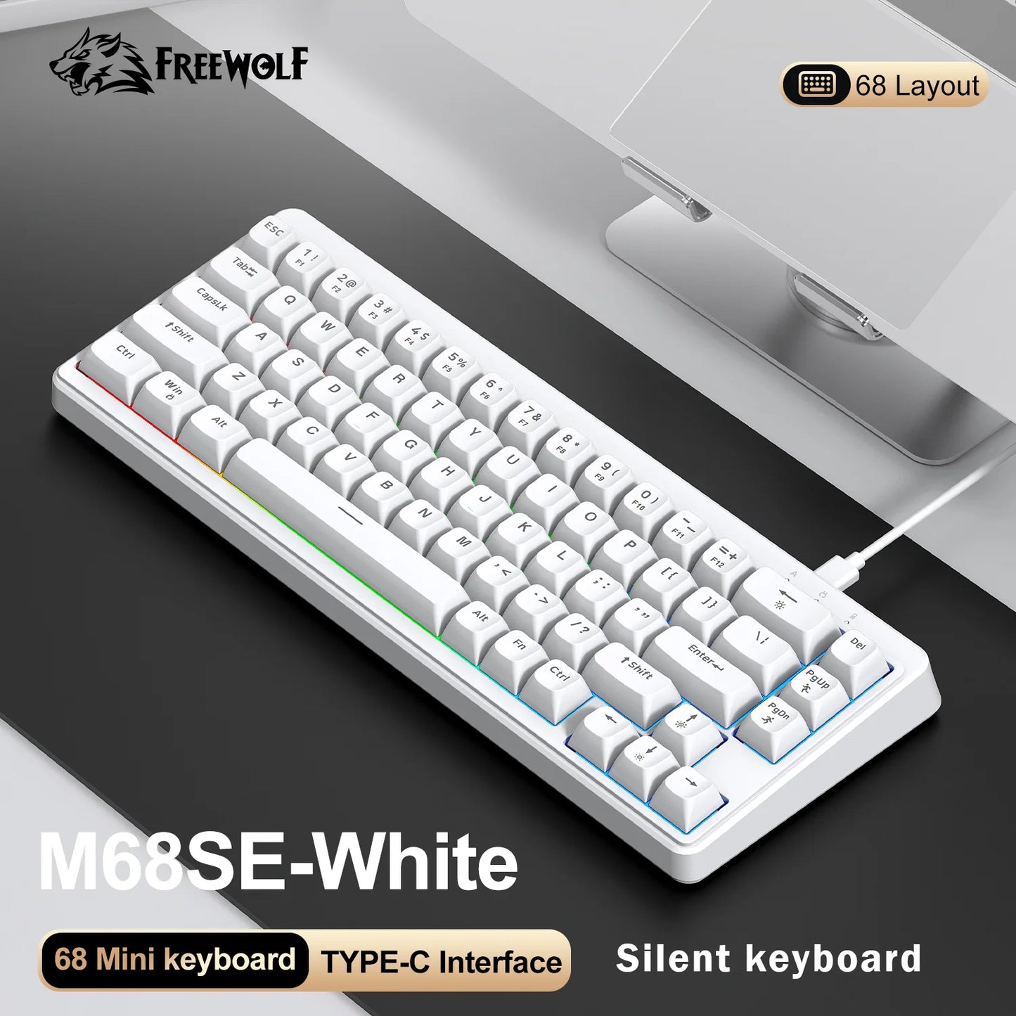 FREEWOLF M68SE Mini-Tastatur mit 68 Tasten, kabelgebunden, RGB-Hintergrundbeleuchtung, Type-C, 68-%-Layout, kompakt, für Gaming, Büro, PC und Laptop