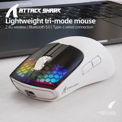 ATTACK SHARK X5 belaidė pelė, lengva, trijų režimų jungtis 2.4GHz / laidinė / Bluetooth, RGB makro žaidimų pelė