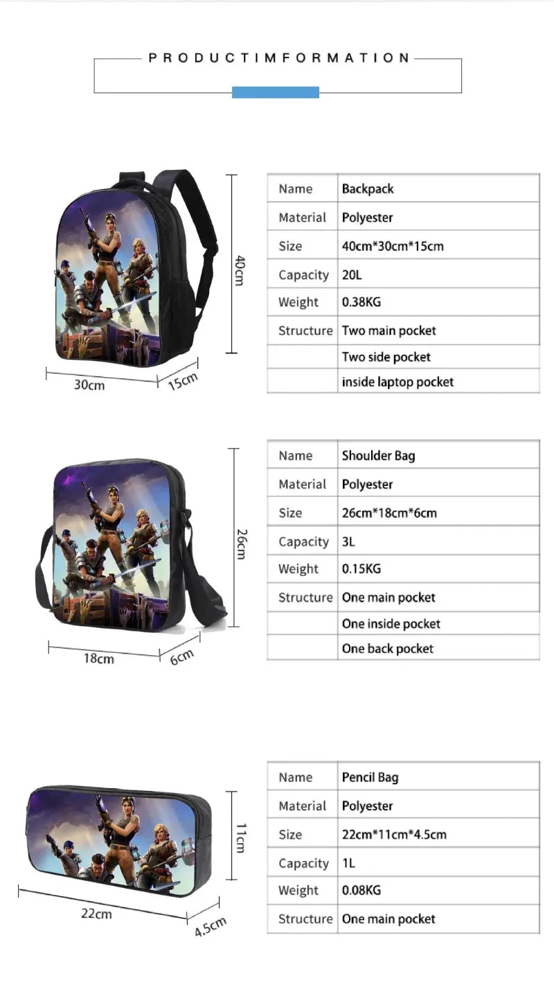 Conjunto de Mochila Fortnited 3PCS para Adolescentes e Estudantes, Saco de Viagem Fortress Night, Mochila Escolar 3D de Jogos Populares