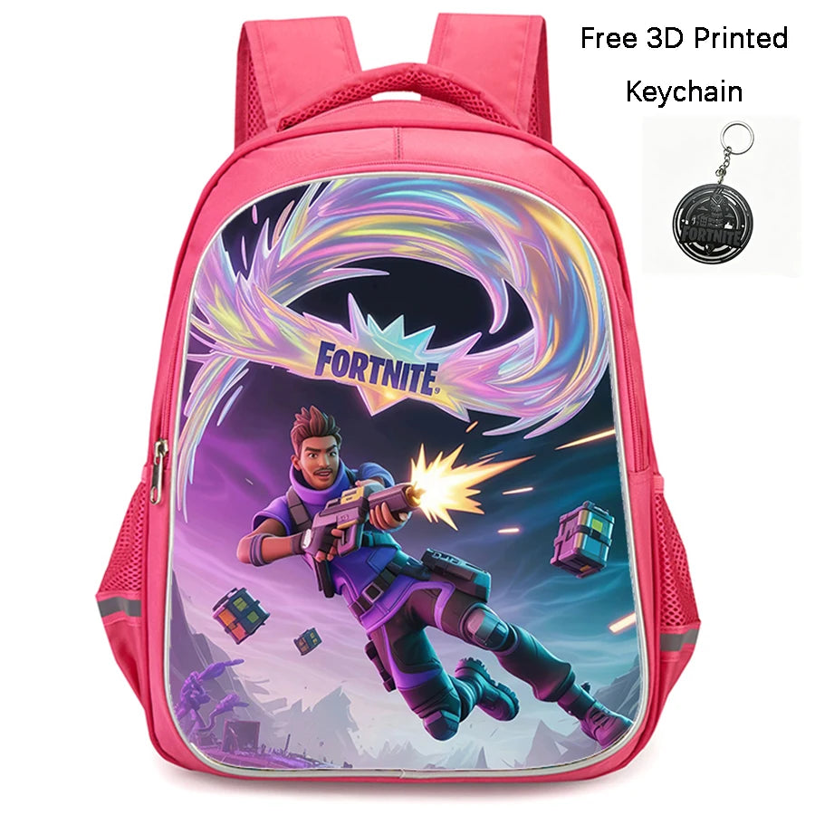 FORTNITE 16-inch Durable Lightweight Backpack, Dual Zipper Pockets, Cartoon Style for Boys & Girls Ages 6-10, Free 3D Printed Keychain
