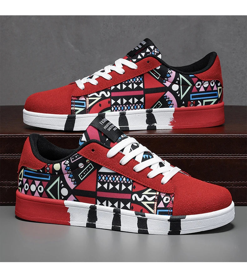 YRZL Men's Sports Running Shoes Canvas Geometric Style Lace-Up Sneakers Couples' Fashionable Graffiti Print Skate Shoes