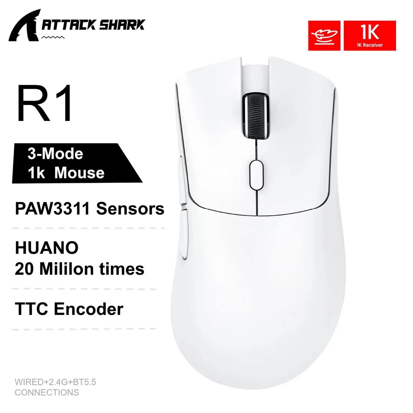 Attack Shark X11&R1 třirežimová bezdrátová Bluetooth myš s nabíjecí základnou, RGB, ergonomická, lehká myš, příslušenství pro PC hráče