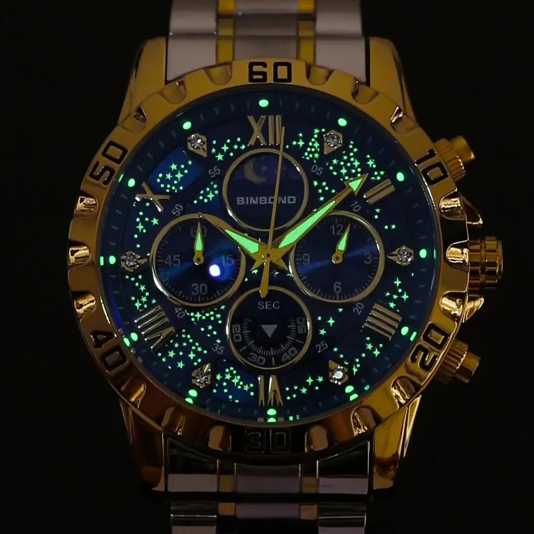 2026 Men Watch Light Luxury Business Steel Belt Moonphase Starry Night Light Waterproof Men's Fashion Quartz Clock Watches Gift
