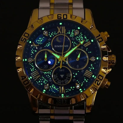 2026 Men Watch Light Luxury Business Steel Belt Moonphase Starry Night Light Waterproof Men's Fashion Quartz Clock Watches Gift