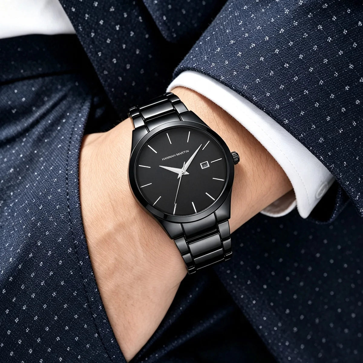 Ceas pentru bărbați Hannah Martin, carcasă din oțel inoxidabil, mecanism cu cuarț, cadran de 41 mm, stil profesional, cu afișaj calendar (imitație)
