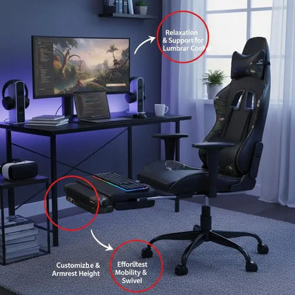 Gaming Chair with Footrest Black and Camouflage 66X56X120.5-131 cm in Imitation Leather, Reclining 360° Swivel Can Carry 110 kg