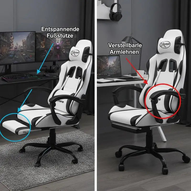 Gaming Chair with Footrest Reclining Swivel Ergonomic Gaming Chair, Adjustable Height, 360° Swivel, White & Black Gaming Chair for Home Office and PC Gaming