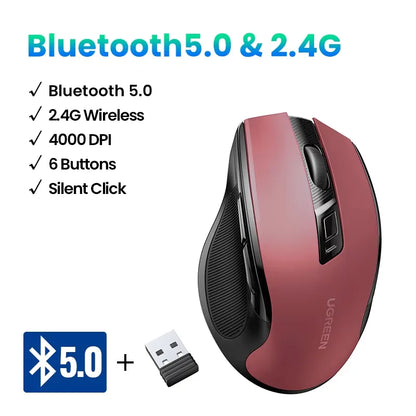 Rato sem fios UGREEN Bluetooth 5.0 ergonómico 4000DPI com 6 botões silenciosos para MacBook, tablet, portáteis, computador e PC, rato 2.4G