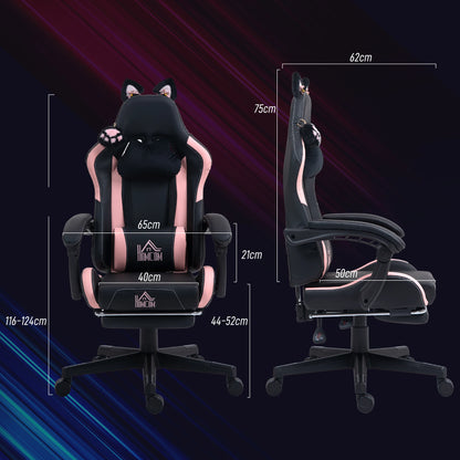 Gaming chair with cat ears, tiltable backrest, retractable footrest, maximum load capacity 120kg, gaming chair, office chair,