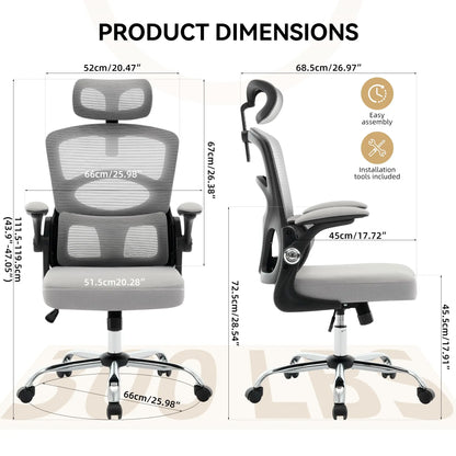 Ergonomic High-Back Mesh Chair Adjustable Headrest Lumbar Support 360° Swivel Rolling Computer Gaming Chairs for Home Office