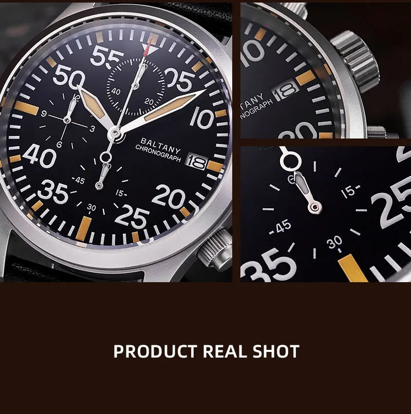 Baltany Quartz Chronograph S5045 Sunburst Blue Dial VK67 100M Stainless Steel Calendar Window Sapphire Vintage Military Watches