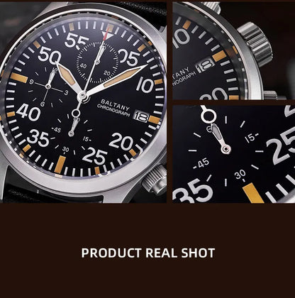 Baltany Quartz Chronograph S5045 Sunburst Blue Dial VK67 100M Stainless Steel Calendar Window Sapphire Vintage Military Watches