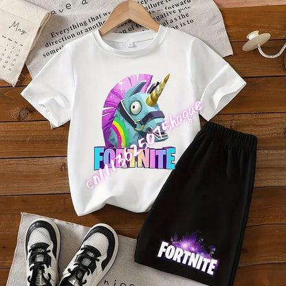 2026 New Fortnite Kids Pure Cotton Short-Sleeved Set with Cartoon Print Boys' Sport Shirt Casual Top Summer T-Shirt 2 Pieces