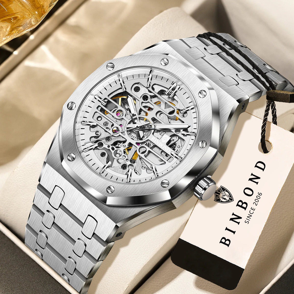 Montre mécanique squelette de précision BINBOND pour homme, montre de luxe lumineuse, étanche, automatique, en acier inoxydable robuste.