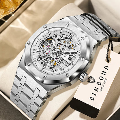 Montre mécanique squelette de précision BINBOND pour homme, montre de luxe lumineuse, étanche, automatique, en acier inoxydable robuste.