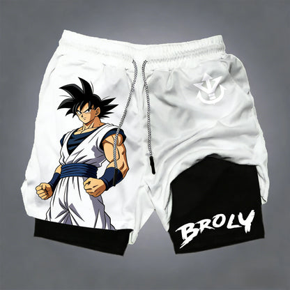 Miesten kaksikerroksiset Dragon Ball -shortsit, Son Goku, kesä, japanilainen anime, feikki-kaksiosaiset urheilu- ja fitness-shortsit, nopeasti kuivuvat