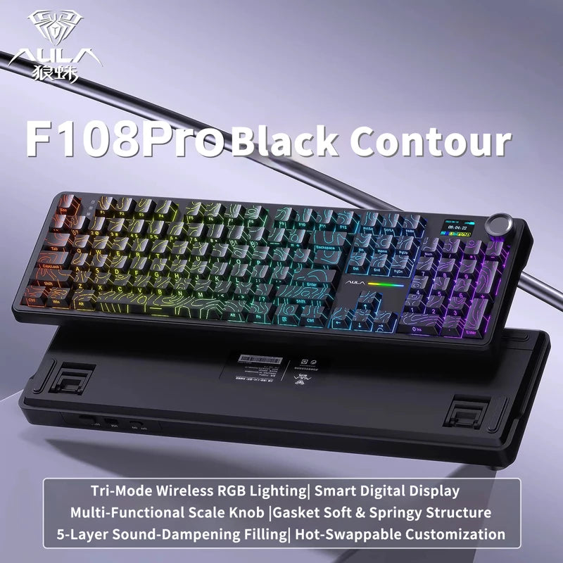AULA F108 Pro mechanical keyboard 100& layout Bluetooth 2.4G wired gaming keyboard With hot-swappable gasket structure RGB light
