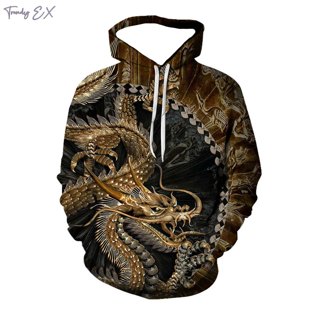 New Sweatshirt 3D Purple Flame Dragon Graphic with Drawstring Pullover Hoodies Harajuku Kangaroo Pocket Long Sleeve Men Clothes