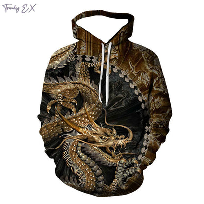 New Sweatshirt 3D Purple Flame Dragon Graphic with Drawstring Pullover Hoodies Harajuku Kangaroo Pocket Long Sleeve Men Clothes