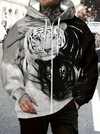 2025 Mens Long Sleeve Zip up Tiger Graphic Hoodie Casual Outdoor Fashion Coat with Drawstring and Pockets Zipup Hoodie for Man