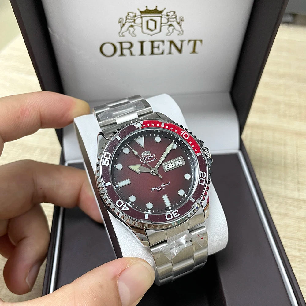 Orient Men's 200M Waterproof Automatic Dive Watch Dial Stainless Steel Bracelet Day Date Self-Winding Luminous Wristwatch