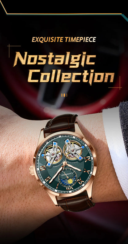 CAREKISO Fashion Men Clock Double Hollow Tourbillon Automatic Mechanical Man Watch Waterproof Luminous Leather Men's Watches+Box