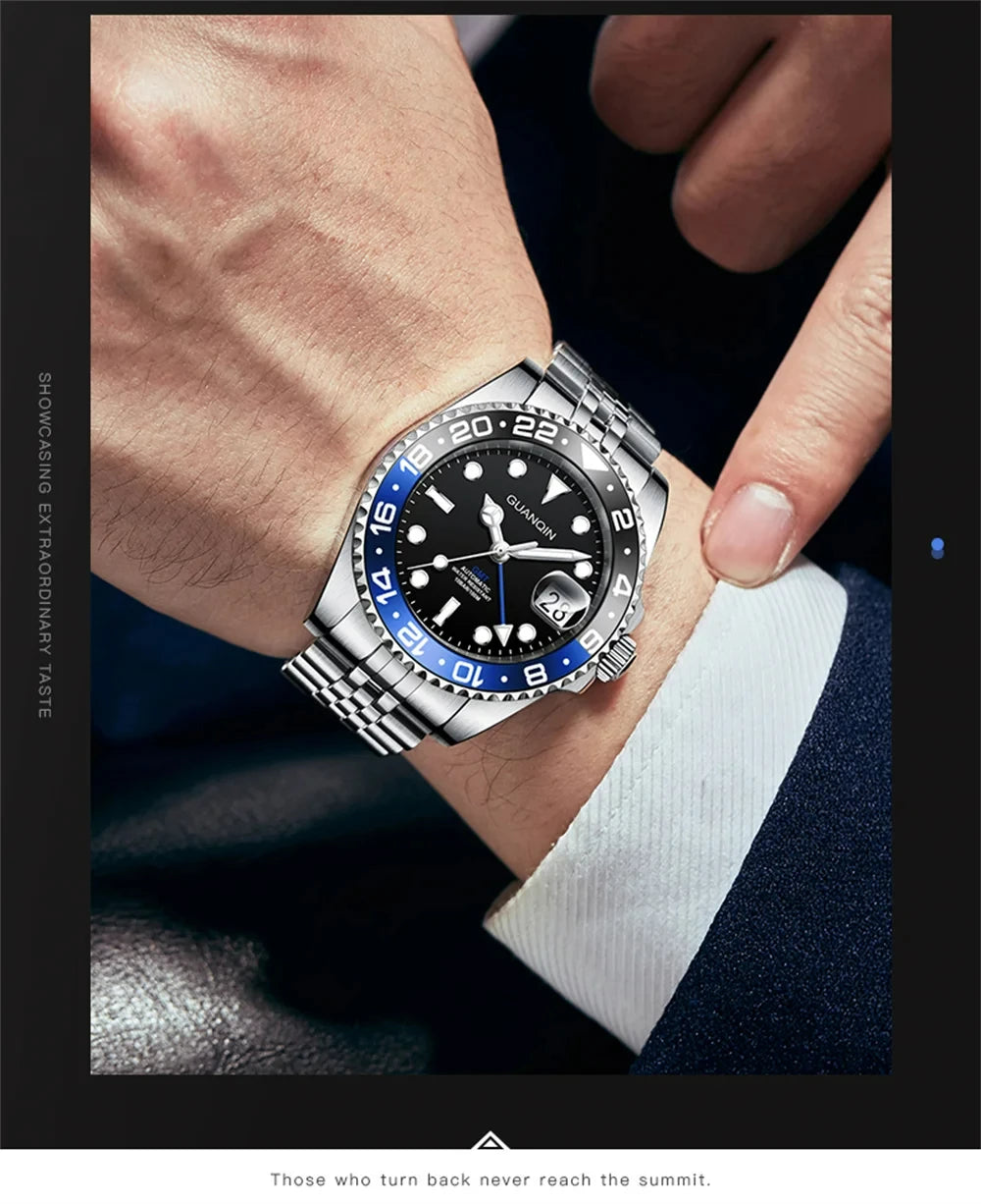 GUANQIN GMT Herrenuhren 2025 Neue Automatikuhr für Herren NH34 Mechanische Armbanduhr Saphirglas Edelstahlgehäuse Linkshänder