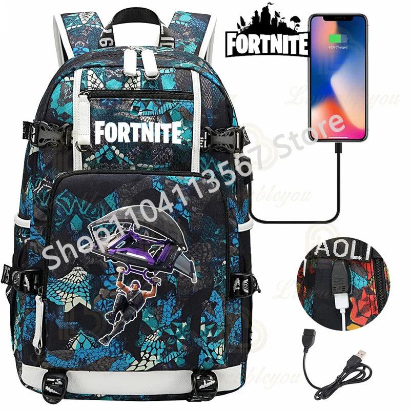 Mochila Red Jade F-Fortnited Battle Royale com carregamento USB, figuras anime e compartimento para material escolar para estudantes