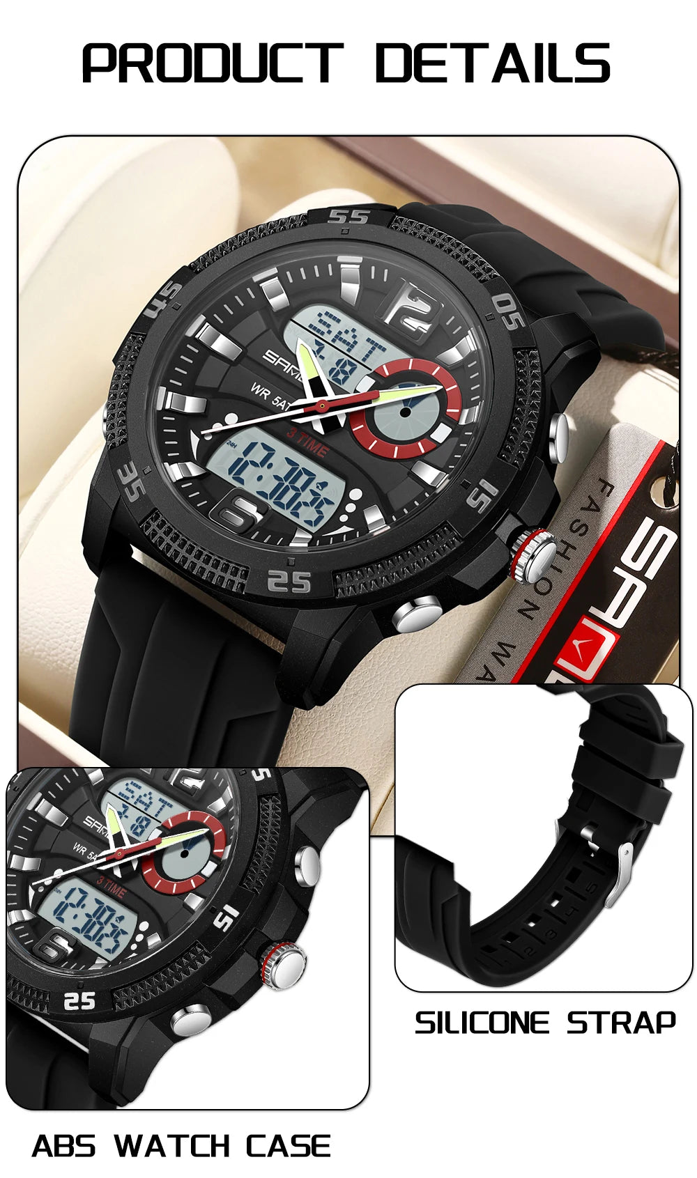 SANDA Fashion Luxury Men's Watches Dual Digital Display Sport Analog Quartz Man Wristwatch Casual Waterproof Silica Chronograph