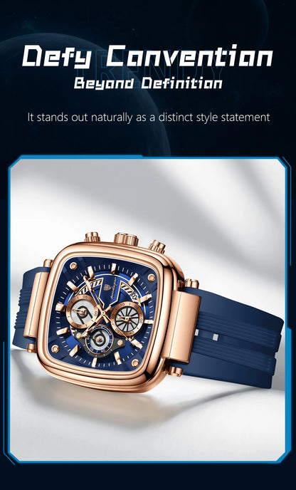 POEDAGAR Square Sport Man Wristwatch Date Waterproof Luminous Chronograph Watch For Men Silicone Strap Men's Quartz Watches Male