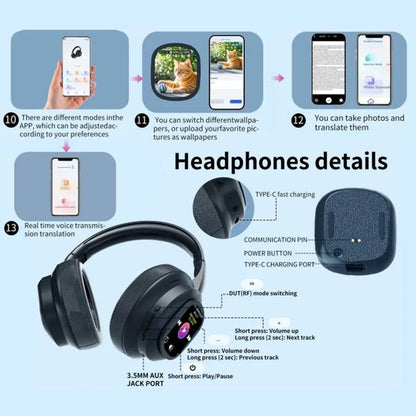 Auscultadores Bluetooth sem fios com ecrã tátil LCD AI – Headset gaming com cancelamento de ruído ANC, graves profundos e microfone HD