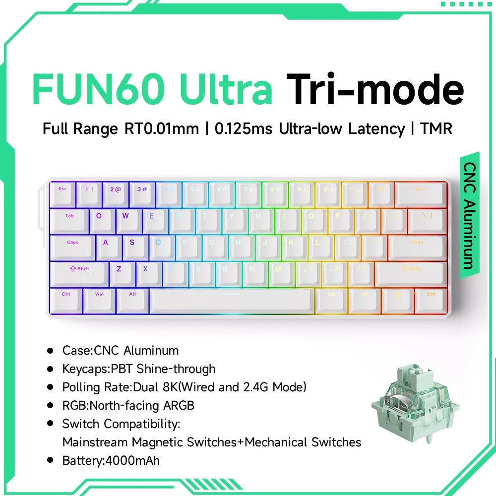 Teclado Mecânico Akko MonsGeek FUN60 com Switch Magnético, 60%, Teclado Gaming, Rapid Trigger 0.01mm, 8K, ARGB, HE/TMR, Teclado Personalizado