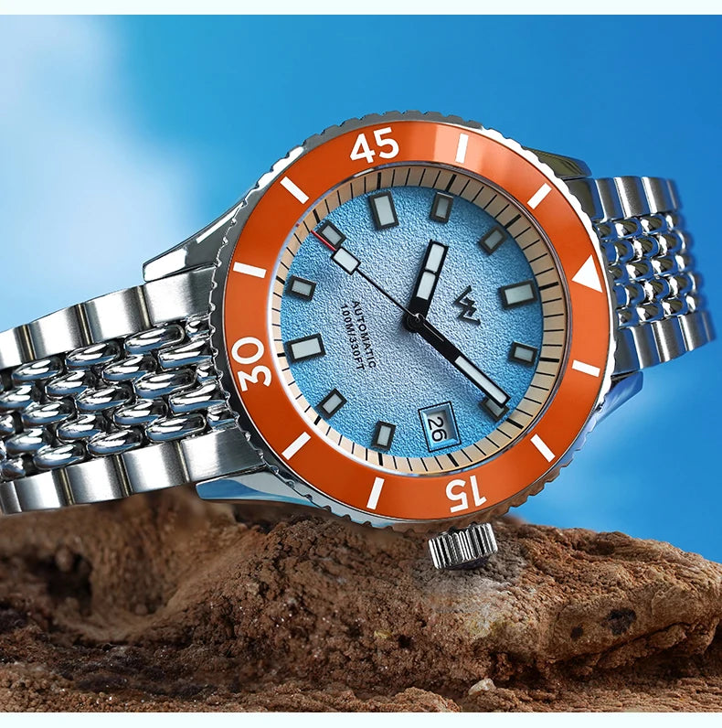 WM Watch Automatic Mechanical Diver Watches Men Sparkle Grain Gradient Dial Ceramic Bezel NH35 AR Coated Welly Merck Watch WM212