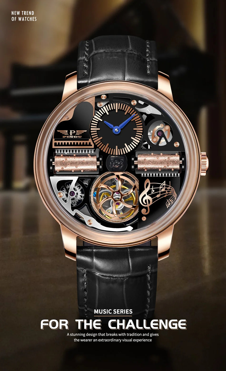 2025 NEW PINDU Design Music Series Machinery Watch Men Movement Stainless Steel Sapphire Glass Top Luxury Automatic Watch Hollow