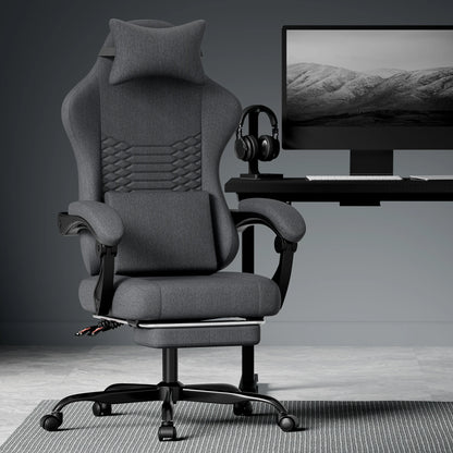 Dark Gray Fabric Gaming Chair, Massage Office Chair with Headrest, Ergonomic Racing Design, Adjustable Footrest, for PC Gamers