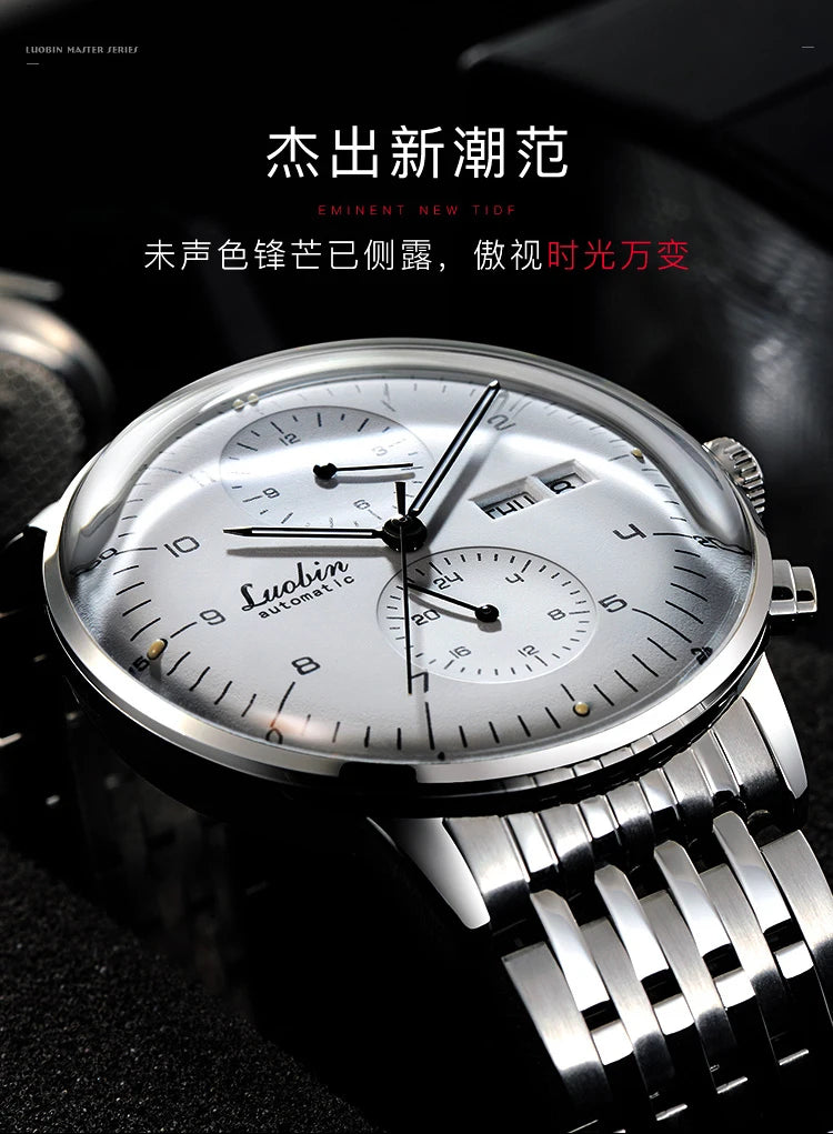 Men's Business Watch Mechanical Movement Multifunction Chronograph Stainless Steel Waterproof Automatic Calendar Sapphire