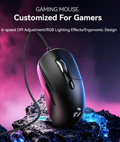 Mouse de gaming cu fir, 6 niveluri DPI ajustabile până la 12800DPI, cip Instant A825, iluminare RGB, programare macro, design ergonomic, mouse universal