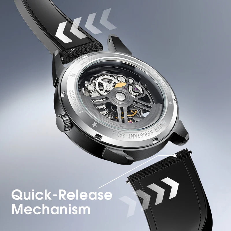MARK FAIRWHALE Men's Automatic Watch Skeleton Dial Fluororubber Strap Waterproof Luxury Fashion Wristwatch