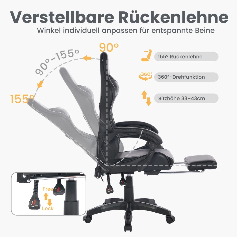 Ergonomic Gaming Chair 360° Reclining Office Chair with Footrest, Adjustable Height Racing Chair with Lumbar Support and Headrest