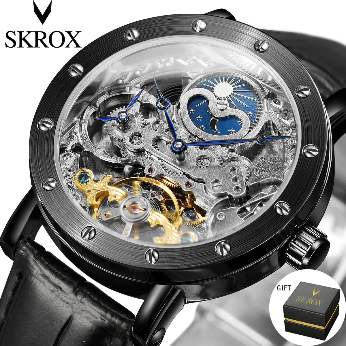 Avtomatska mehanska zapestna ura SKROX za moške, skeletni model s funkcijo GMT, prikazom luninih faz in turbijonom – elegantna in izvirna luksuzna ura najvišjega razreda.