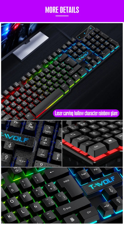 Mechanisches Gaming-Keyboard mit heller RGB-Hintergrundbeleuchtung, kabelgebundene USB-Tastatur für Büro und Zuhause, Medientasten, Russisch, Spanisch, Arabisch, Englisch