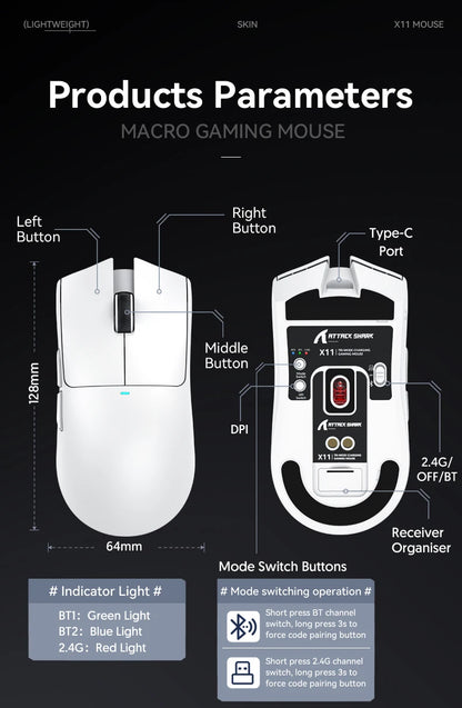Attack Shark X11&R1 třirežimová bezdrátová Bluetooth myš s nabíjecí základnou, RGB, ergonomická, lehká myš, příslušenství pro PC hráče