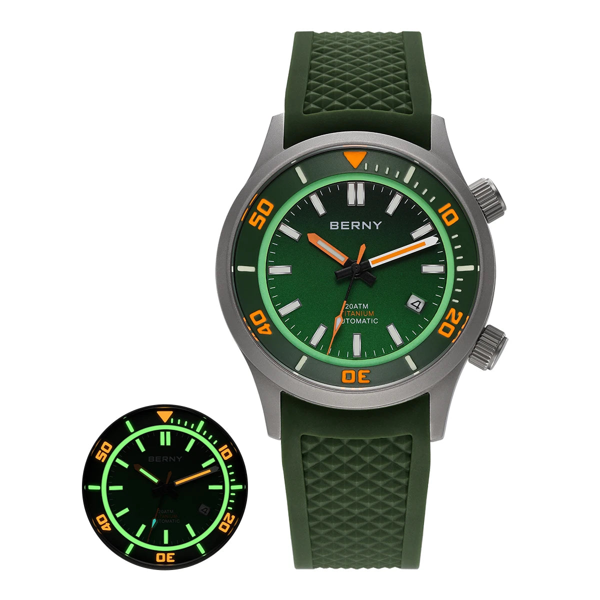 BERNY Automatic Full Titanium Diver Watch For Men Supper Luminous Sappire AR Coated Miyota 8215 Dual Crown Mechanical Dive Watch