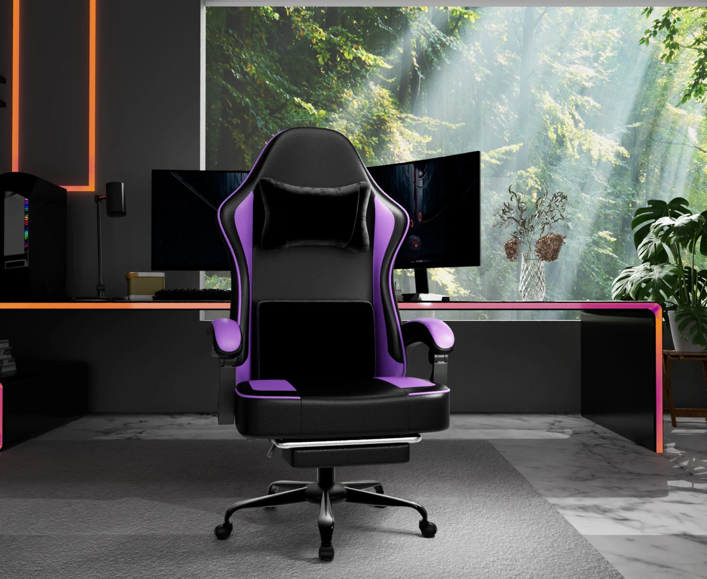 Ergonomic Gaming Chair with Footrest, Pocket Spring Cushion Computer Chair, PU Leather Reclining Gaming Chair for Adults, Adjustable Office Chair