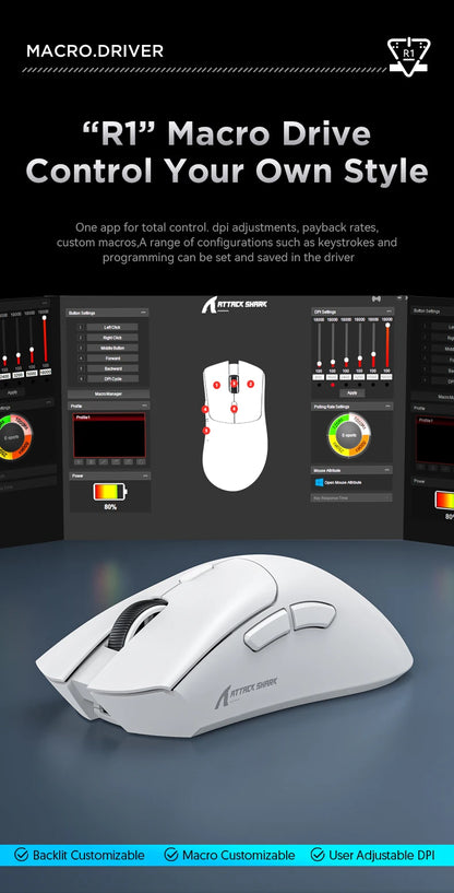 Attack Shark R1 18000dpi Wireless Mouse, 1000Hz, Tri-mode Connection, PAW3311, Macro Gaming Mouse