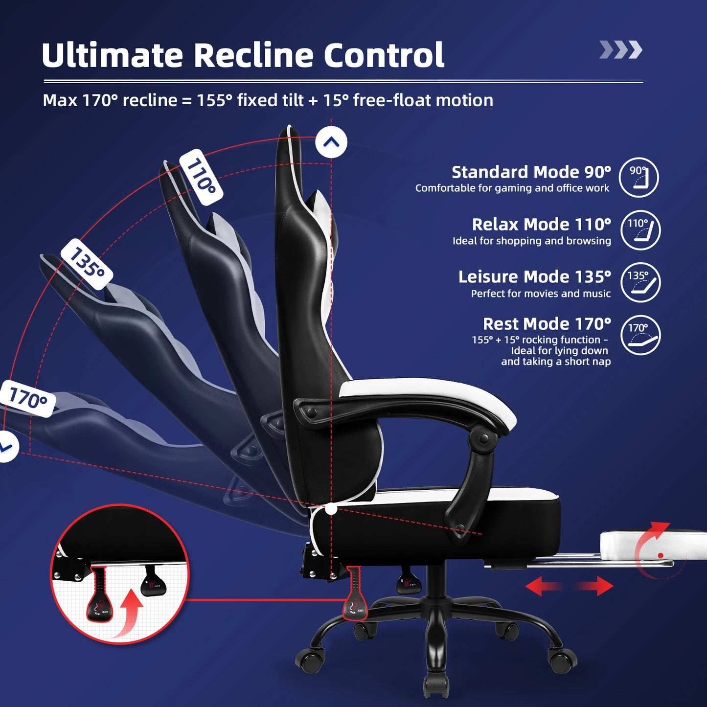 AUTHMIC Gaming Chair Ergonomic Reclining Office Chair with Adjustable Lumbar Support & Headrest High-Back PC Gamer Adults Teen
