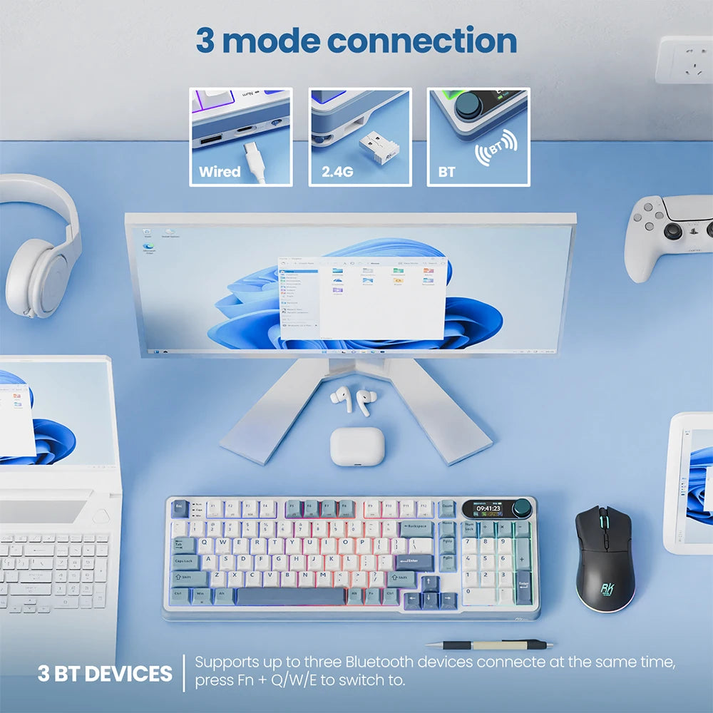 Clavier mécanique RK ROYAL KLUDGE S98 avec écran TFT en surface, 98 touches, RGB, BT 5.0/2,4 GHz/USB-C, clavier gaming sans fil, remplaçable à chaud