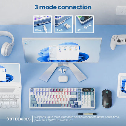 Clavier mécanique RK ROYAL KLUDGE S98 avec écran TFT en surface, 98 touches, RGB, BT 5.0/2,4 GHz/USB-C, clavier gaming sans fil, remplaçable à chaud